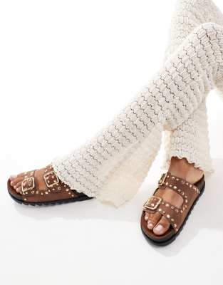 Fantasy studded flat sandals in brown