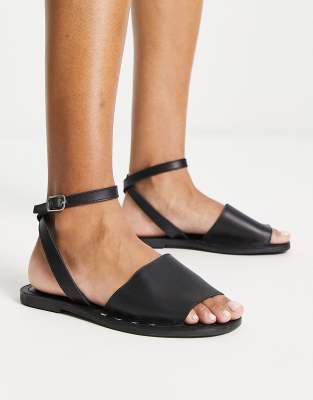 Asos Design Wide Fit Farah Leather Studded Flat Sandals In Black