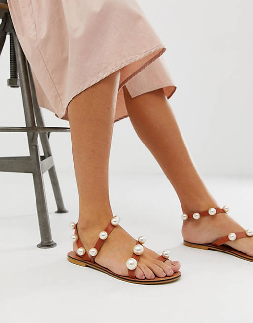 ASOS DESIGN Fare leather pearl flat sandals