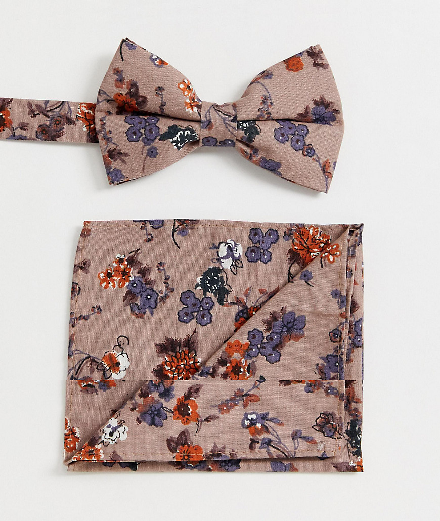 ASOS DESIGN - Farfallino e fazzoletto da taschino marrone a fiori
