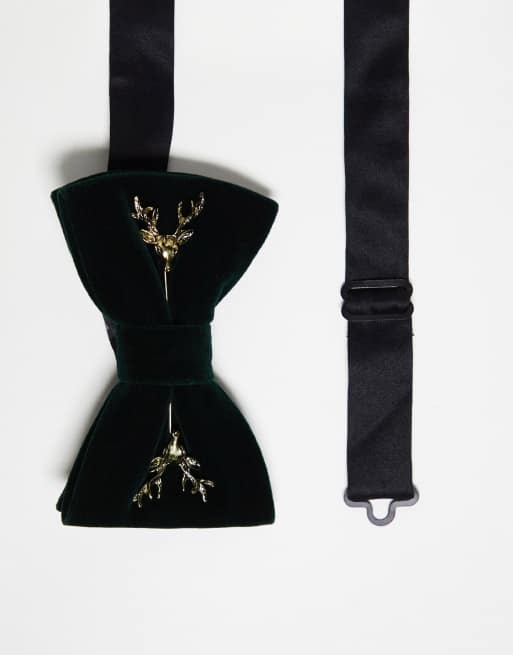 ASOS DESIGN - Farfallino in velluto verde con fermacravatta a forma di cervo