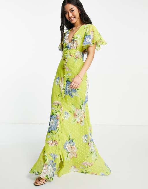 ASOS DESIGN – Färgglad, jacuardvävd, blommig tea-klänning i maxilängd