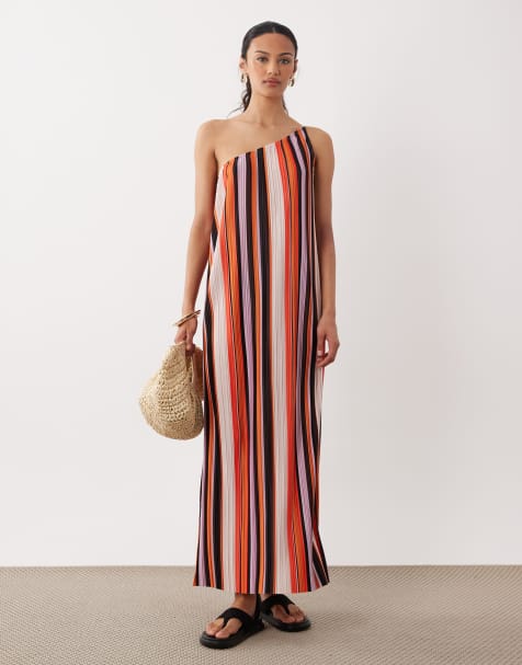 ASOS DESIGN – Färgglad, randig, enaxlad maxiklänning med plissering - view 1