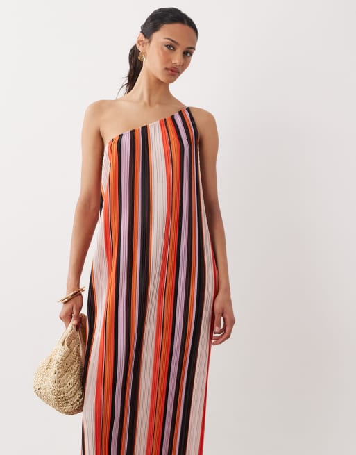 ASOS DESIGN – Färgglad, randig, enaxlad maxiklänning med plissering, 3 av 4