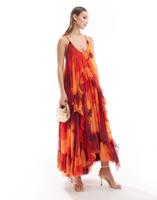 ASOS DESIGN – Färgglad, sommarblommig, a-linjeformad maxiklänning med djup halsringning och volang
