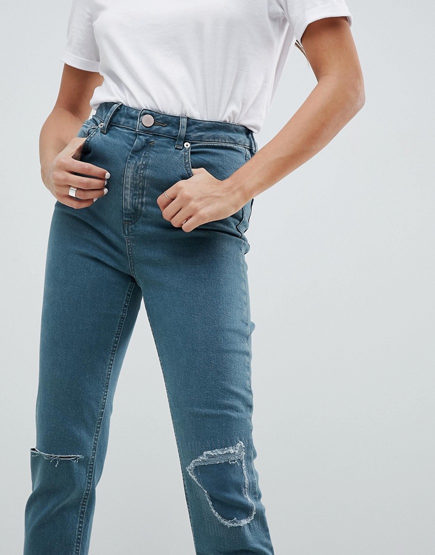 ASOS DESIGN – Farleigh – Gröna jeans i mom jeans-modell med hög midja och smal passform-Blå