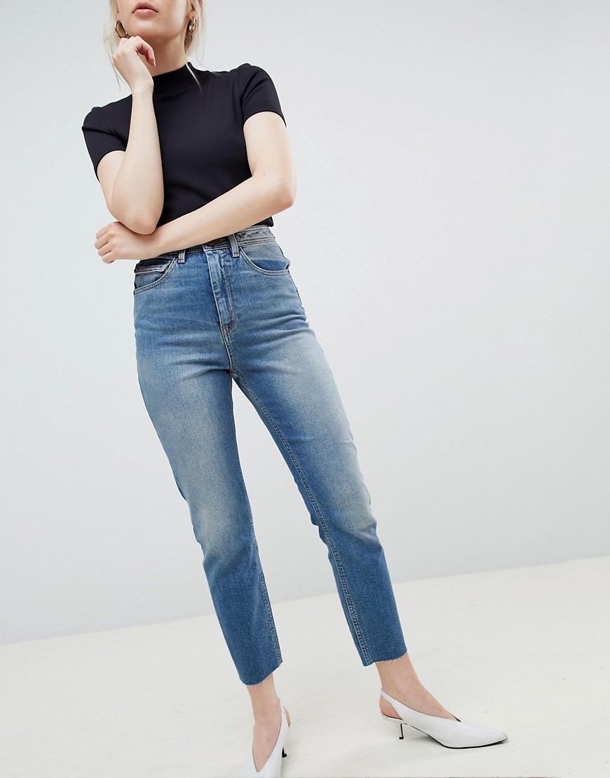 ASOS DESIGN Farleigh high waist slim mom jeans in elliot extreme mid wash with sylvester styling-Blue