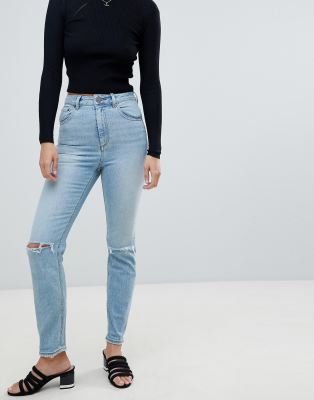 asos design farleigh high waist slim mom jeans in light stone wash