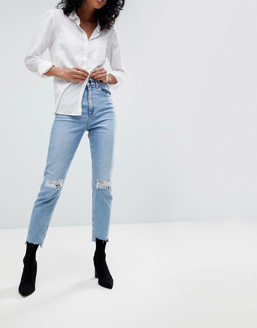ASOS DESIGN Farleigh high waisted slim mom jeans in light vintage wash with busted knee and rip & repair detail-Blue