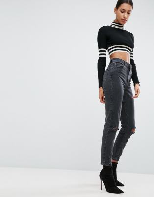 asos design farleigh high waisted slim mom jeans in washed black