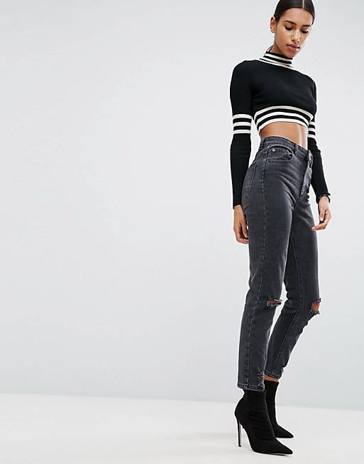 ASOS DESIGN Farleigh high waisted slim mom jeans in washed black with busted knees