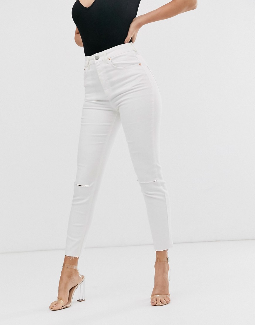 ASOS DESIGN Farleigh high waisted slim mom jeans with rips and raw hem in off white