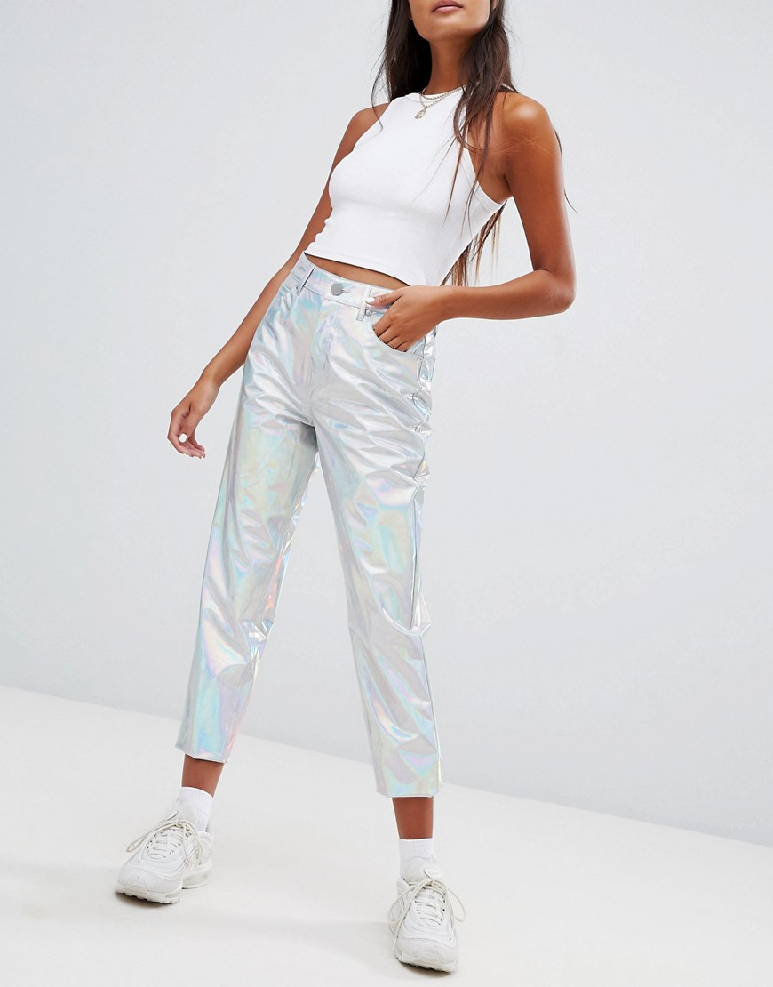 ASOS DESIGN - Farleigh - højtaljede smalle mom-jeans i holografisk vinyl-Multifarvet