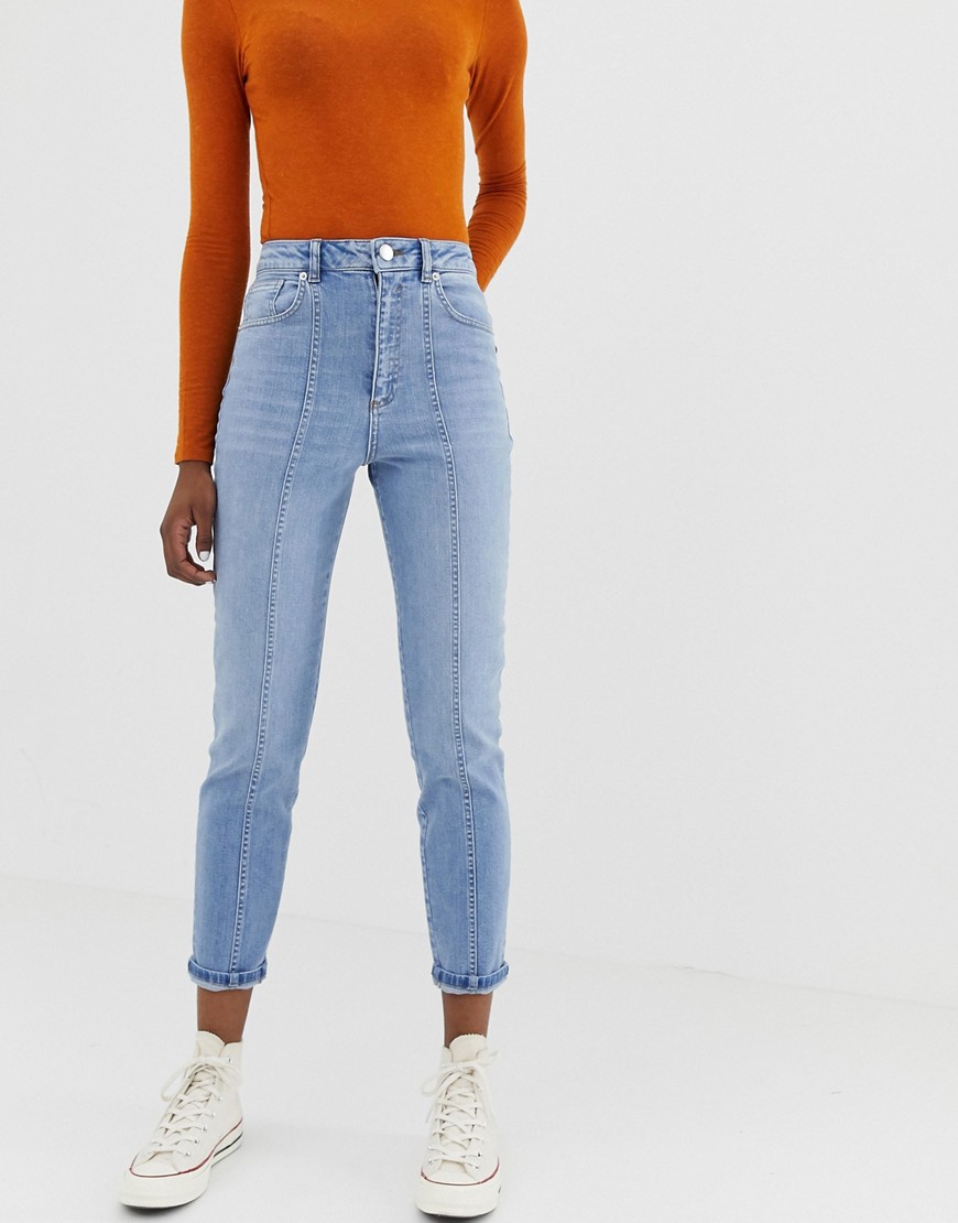 ASOS DESIGN Farleigh – Mellanmörka slim mom jeans med hög midja och vertikal dekorativ söm-Blå