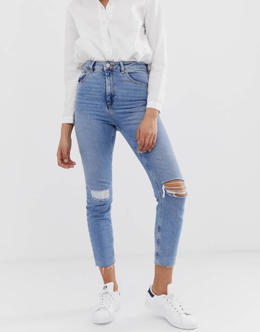 ASOS DESIGN - Farleigh - Mom jeans slim a vita alta lavaggio vintage con strappi al ginocchio e rammendi