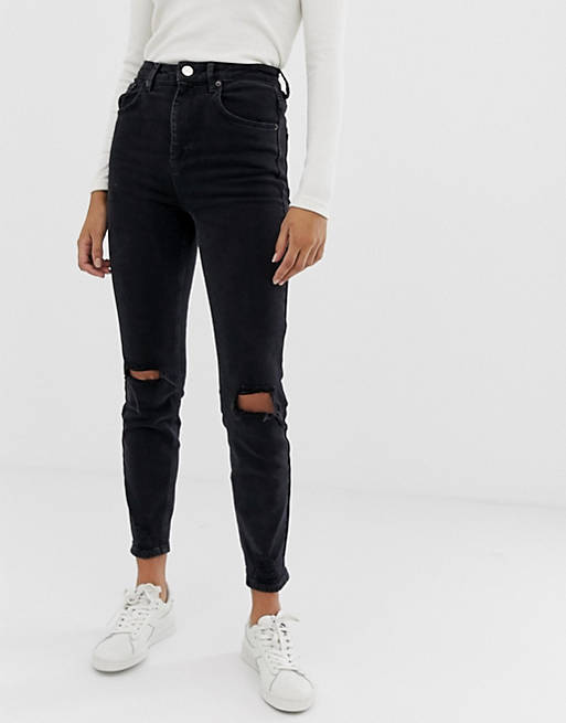 ASOS DESIGN - Farleigh - Mom jeans slim a vita alta nero slavato  con strappi alle ginocchia