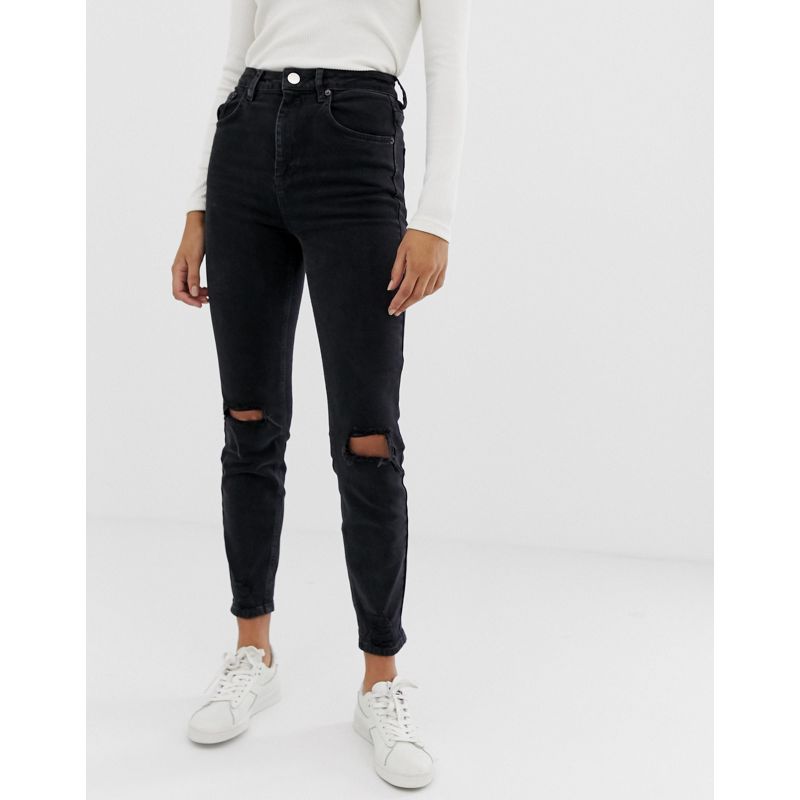Jeans slim Jeans DESIGN - Farleigh - Mom jeans slim a vita alta nero slavato con strappi alle ginocchia