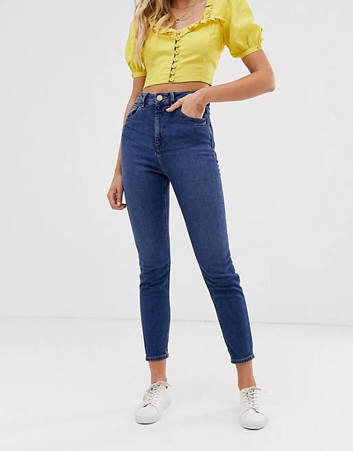ASOS DESIGN - Farleigh - Mørke højtaljede mom-jeans i slim fit - MBLUE