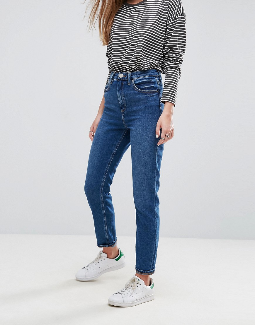 asos design -  – Farleigh – Schmale Mom-Jeans mit hohem Bund, dunkel verwaschen-Blau