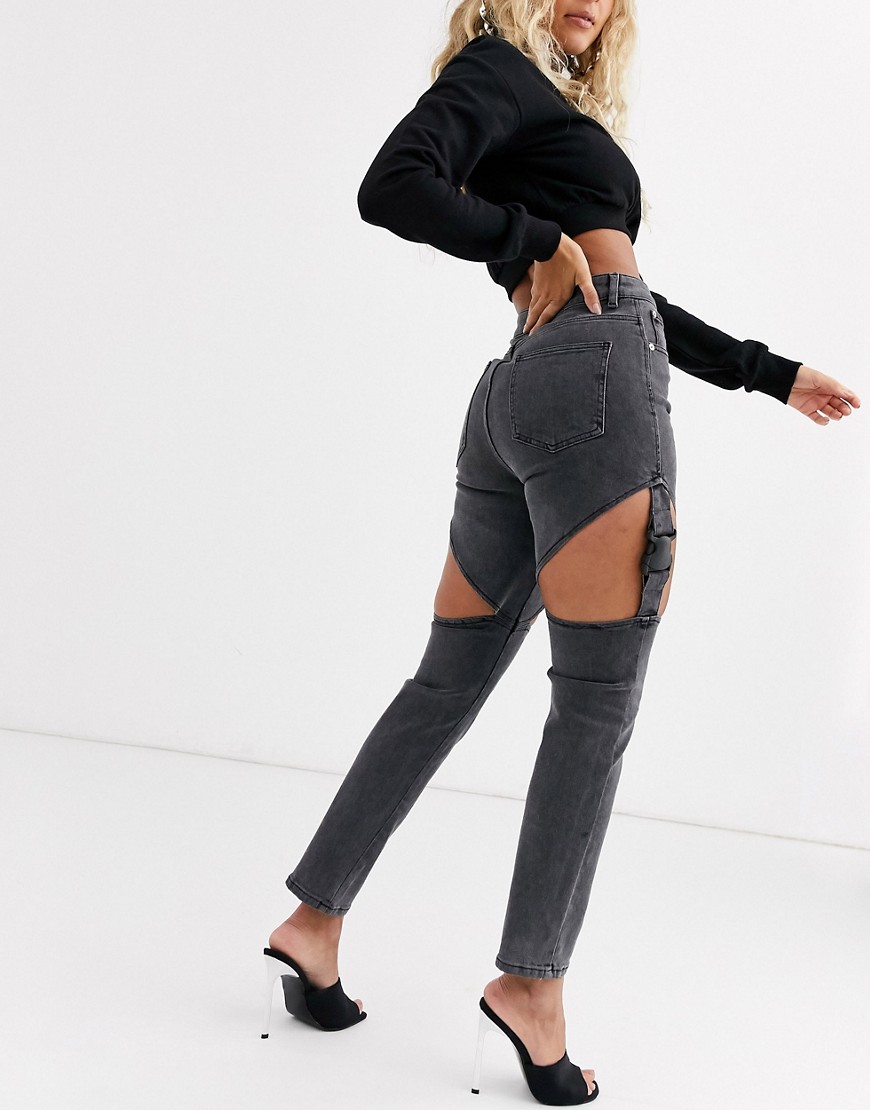 ASOS DESIGN - Farleigh - Smalle mom jeans met bretels en gesp-Zwart