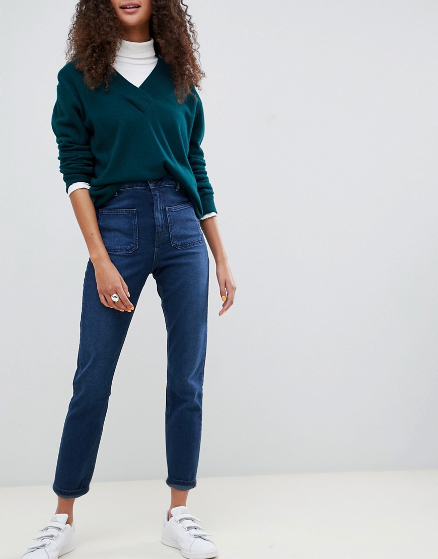 ASOS DESIGN - Farleigh - Smalle mom jeans met hoge taille en opgestikte zakken in dark stonewash blue-Blauw