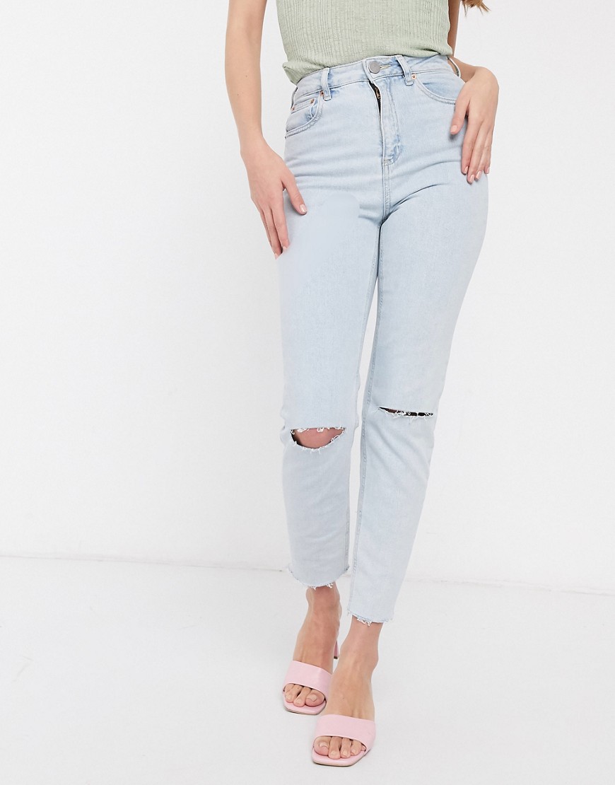 ASOS DESIGN - Farleigh - Smalle mom jeans met hoge taille, gebleekt effect en gerafelde zoom-Blauw
