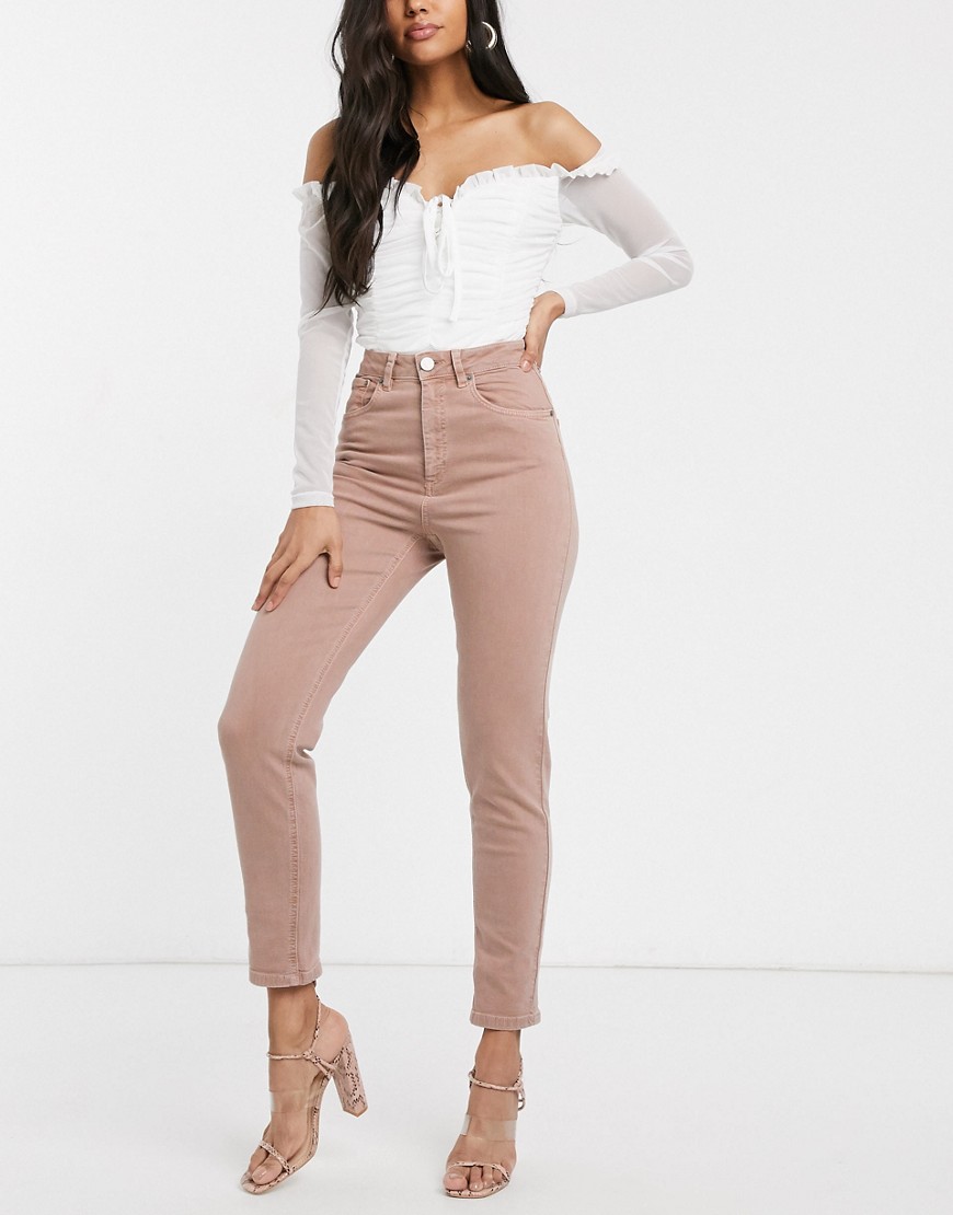 ASOS DESIGN - Farleigh - Smalle mom jeans met hoge taille in roze-Bruin