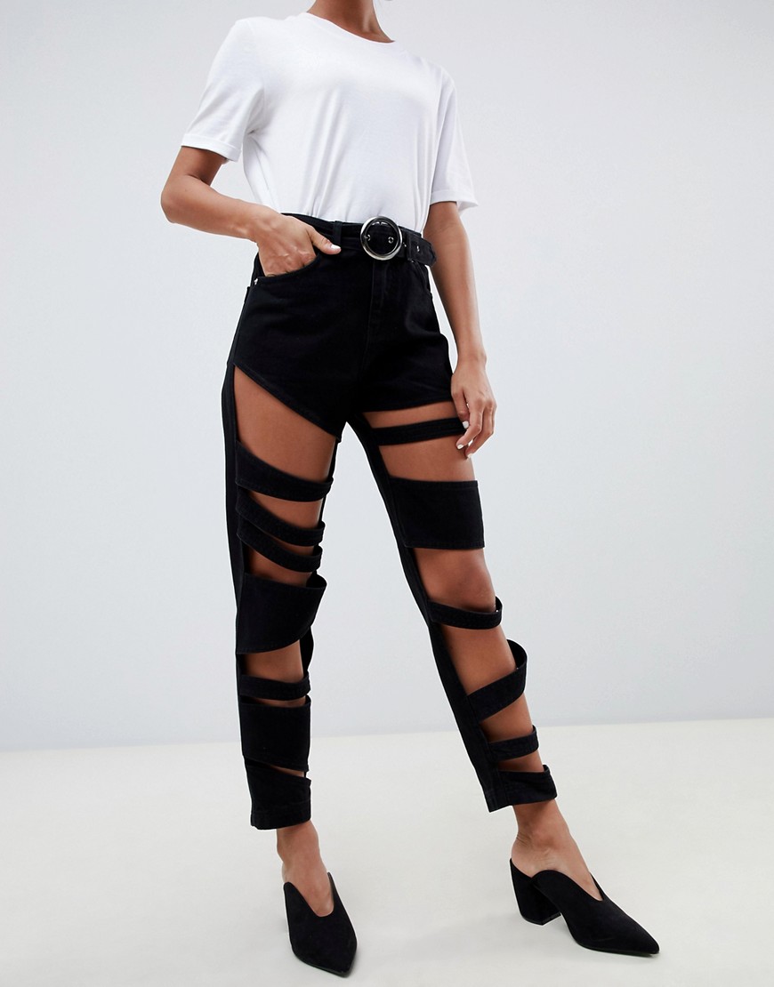 ASOS DESIGN - Farleigh - Smalle mom jeans met hoge taille in zwart met uitsnijding