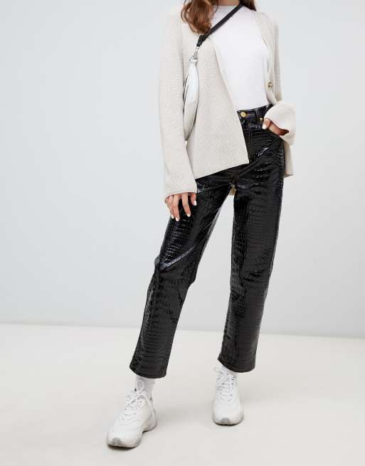 ASOS DESIGN Farleigh straight leg in coated black alligator effect with contrast stitching