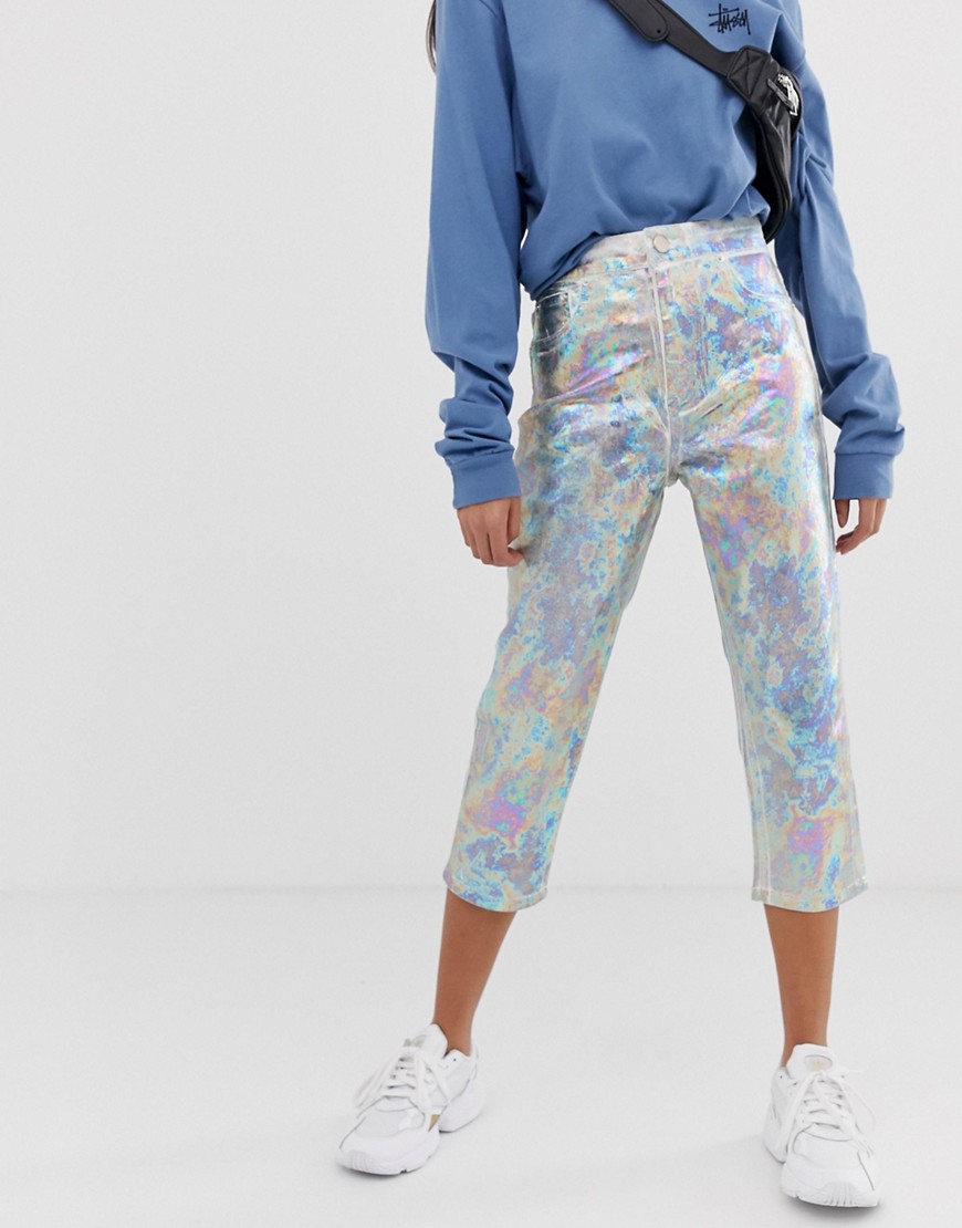 ASOS DESIGN – Farleigh – Vita slim mom jeans med ankellånga ben, hög midja och optisk metallic-finish