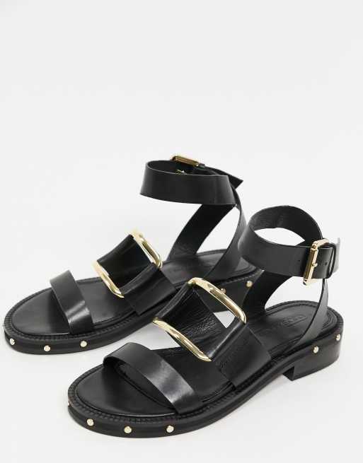 ASOS DESIGN - Farley - Platte sandalen van premium leer met dikke zool en studs in zwart, 3 van 4