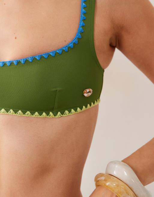 ASOS DESIGN Farrah fish scoop neck crop bikini top with blanket stitch detail in green, 3 of 4