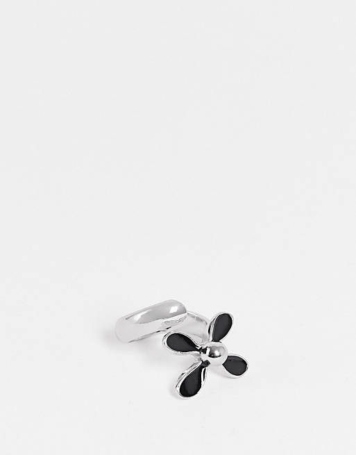 Asos Men Accessories Jewelry Rings Fashion wraparound ring with flower and black enamel in tone 
