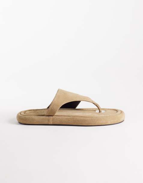 ASOS DESIGN Fate premium flat sandals with toe posts in mushroom gray suede - view 1