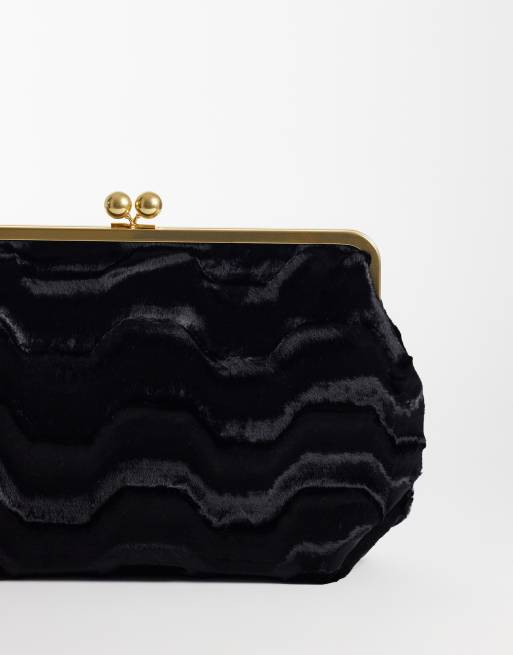 ASOS DESIGN faux astrakan large frame clutch bag in black, 3 of 4