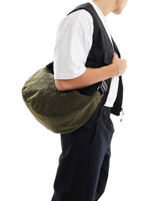 ASOS DESIGN faux borg sling cross body bag in khaki