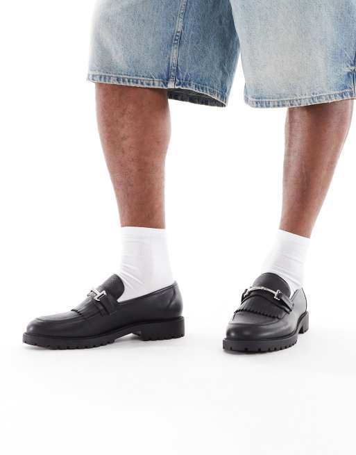 ASOS DESIGN faux croc loafers in black with cleated sole and snaffle