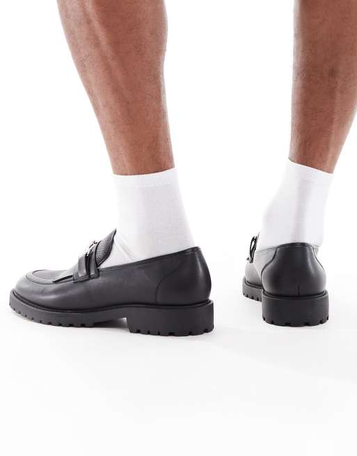 ASOS DESIGN faux croc loafers in black with cleated sole and snaffle