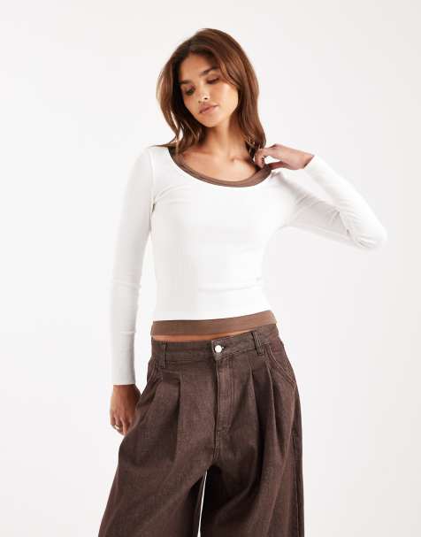 ASOS DESIGN faux double layer long sleeve in cream & choc - view 1