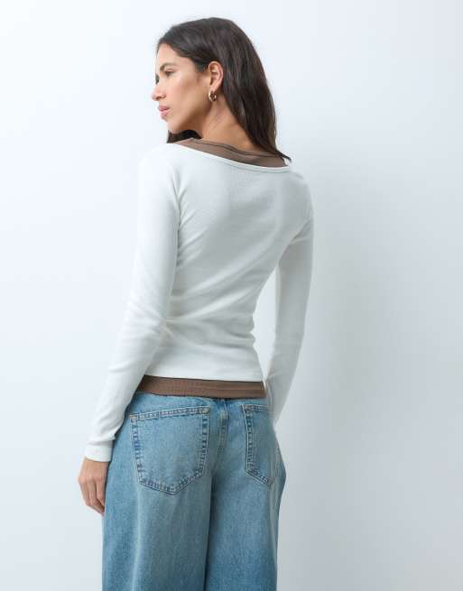 ASOS DESIGN faux double layer long sleeve in cream & choc, 2 of 4