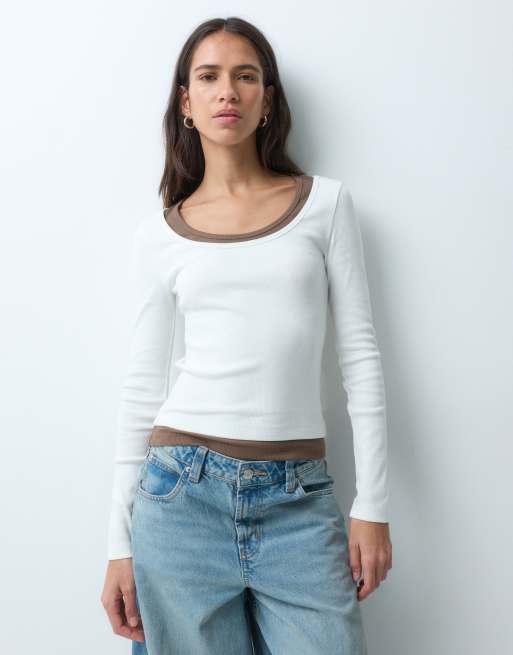 ASOS DESIGN faux double layer long sleeve in cream & choc, 3 of 4
