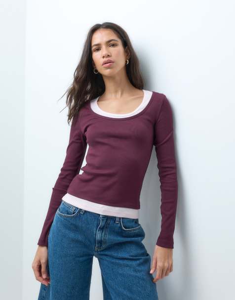 ASOS DESIGN faux double layer long sleeve in plum & pink