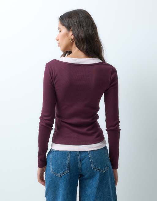 ASOS DESIGN faux double layer long sleeve in plum & pink, 3 of 4