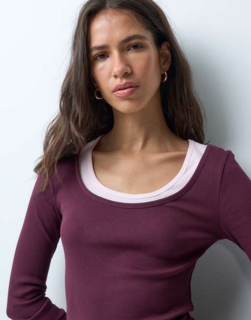 ASOS DESIGN faux double layer long sleeve in plum & pink, 4 of 4