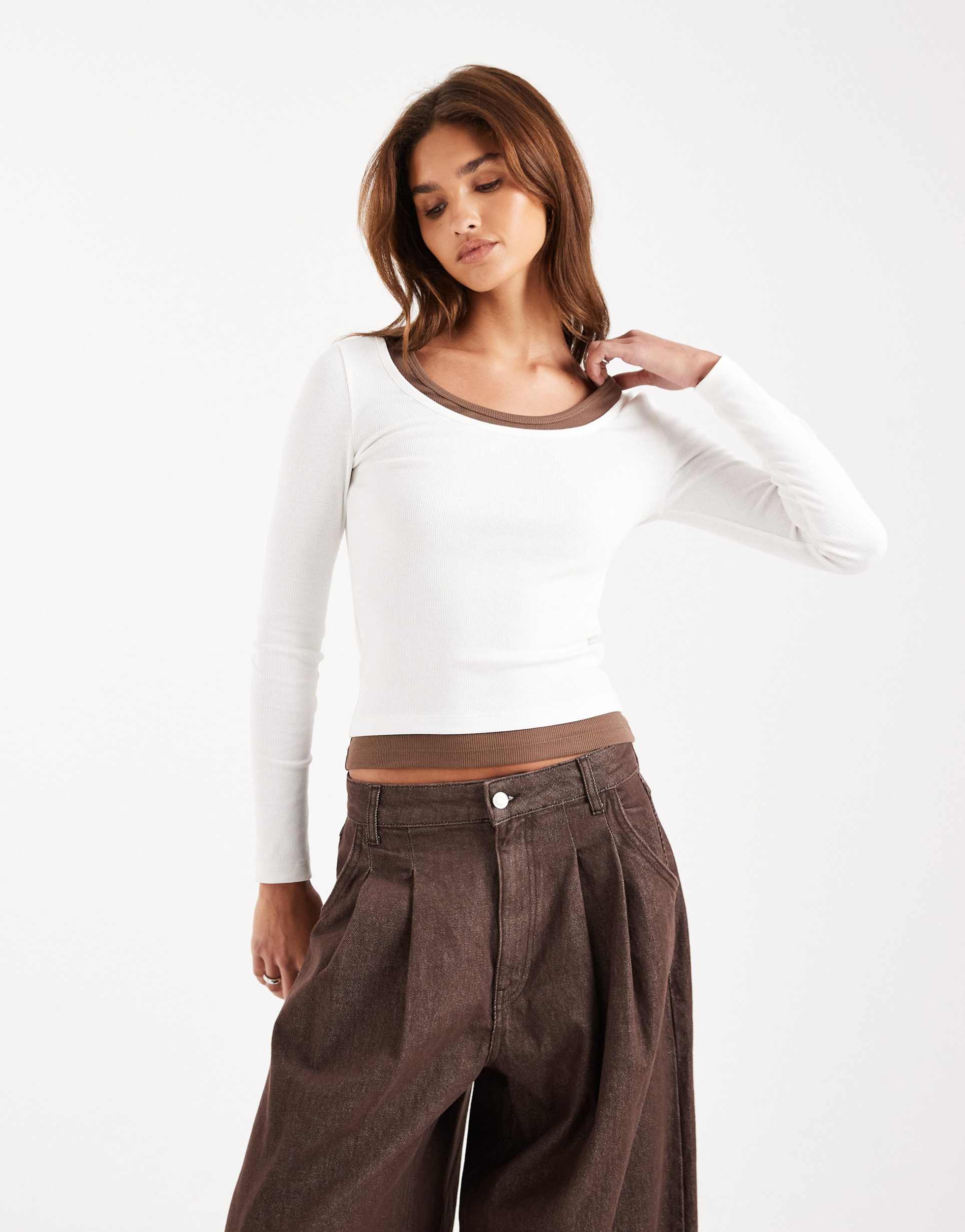 asos design faux double layer long sleeve t-shirt in cream & choc