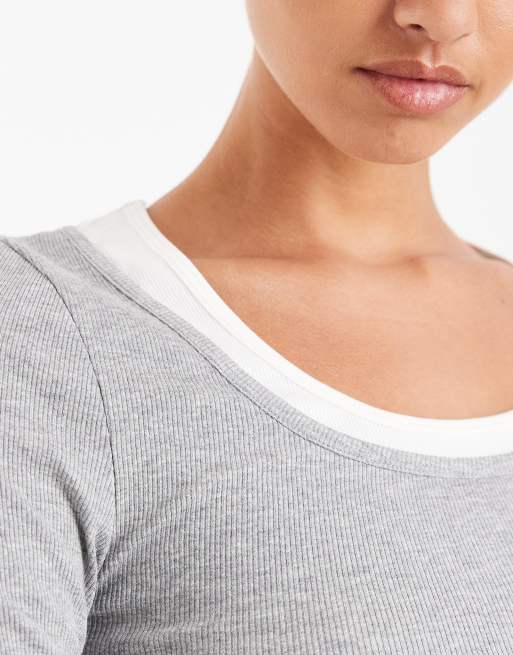ASOS DESIGN faux double layer long sleeve T-shirt in gray heather & cream, 3 of 4