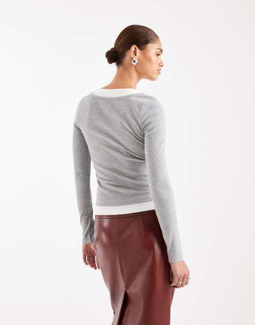 ASOS DESIGN faux double layer long sleeve T-shirt in gray heather & cream, 4 of 4