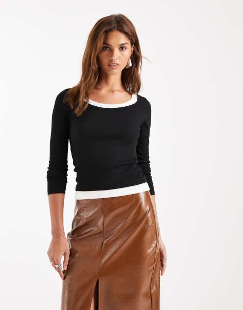 ASOS DESIGN faux double layer long sleeve top in black & cream - view 1