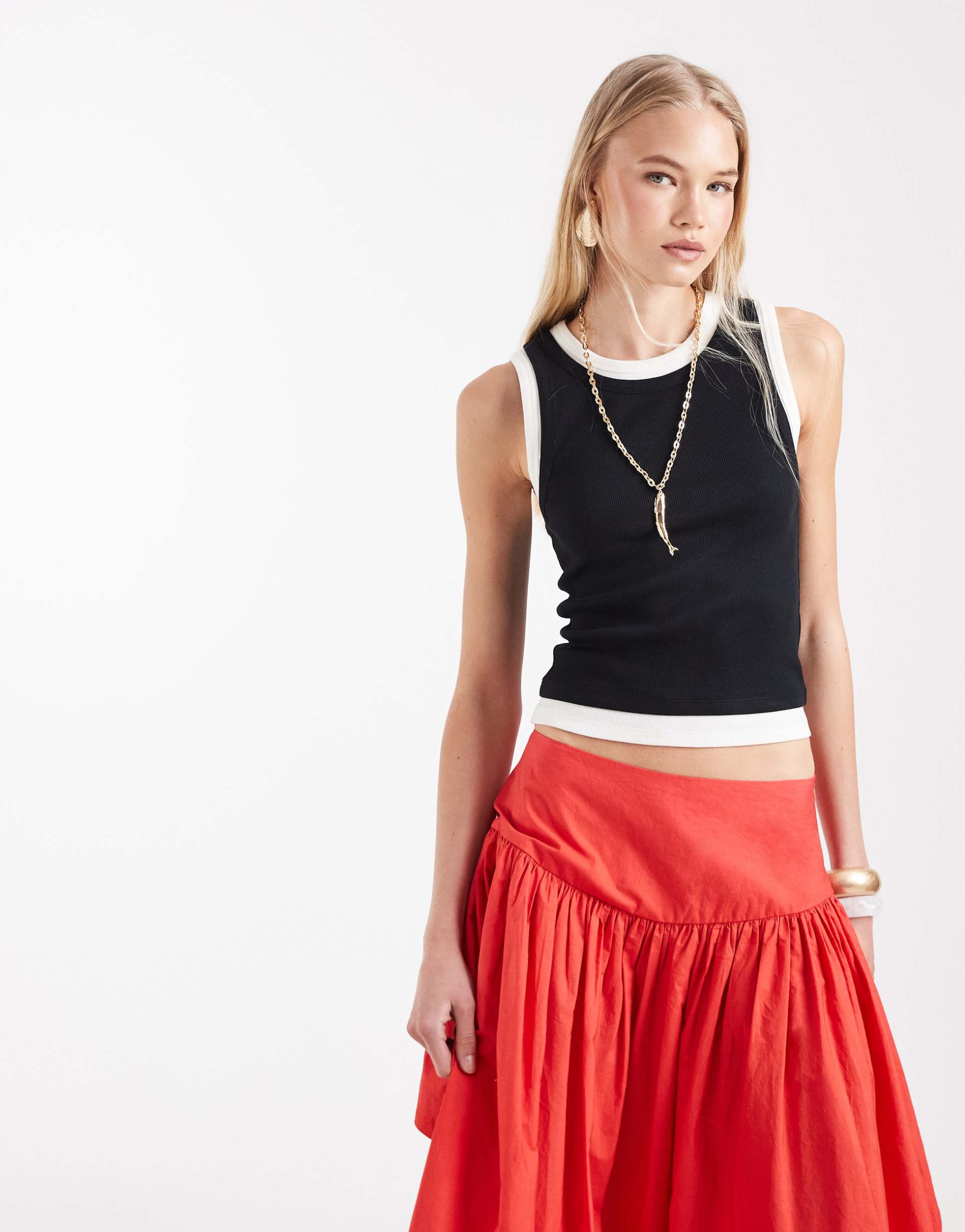 asos design faux double layer ribbed tank top in black & white