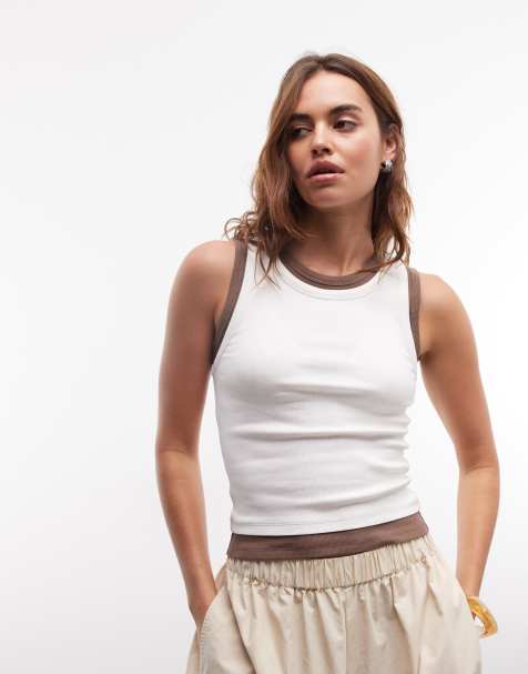 ASOS DESIGN faux double layer ribbed tank top in cream & choc - view 1